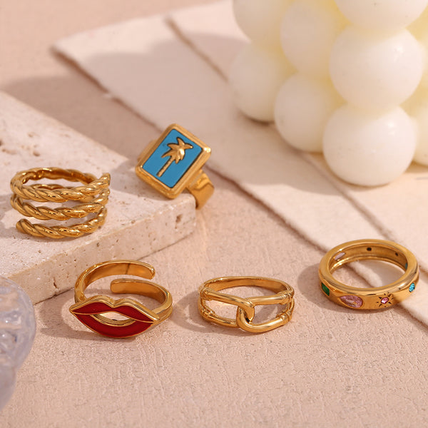 Fashion Quadrilateral Circle Geometric Stainless Steel 18K Gold Plated Rings