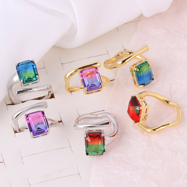 IG Style Women Quadrilateral Geometric Zircon Inlay Diamond Inlay Rings