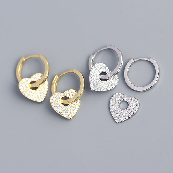 925 Sterling Silver Women Heart Silver Diamond Inlay Stud Earrings