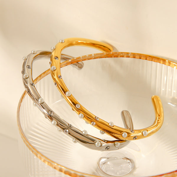 IG Style Pearl Stainless Steel Diamond Inlay Bangles