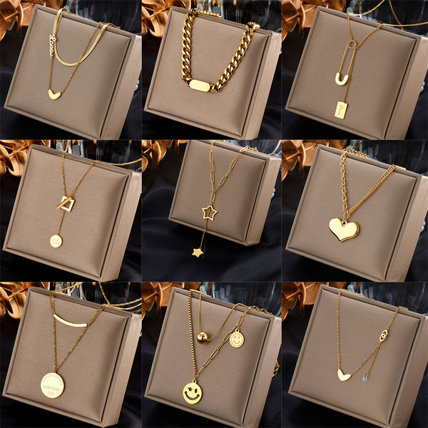 Fashion Pentagram Tassel Heart Square Irregular Titanium Steel Electroplating Necklaces