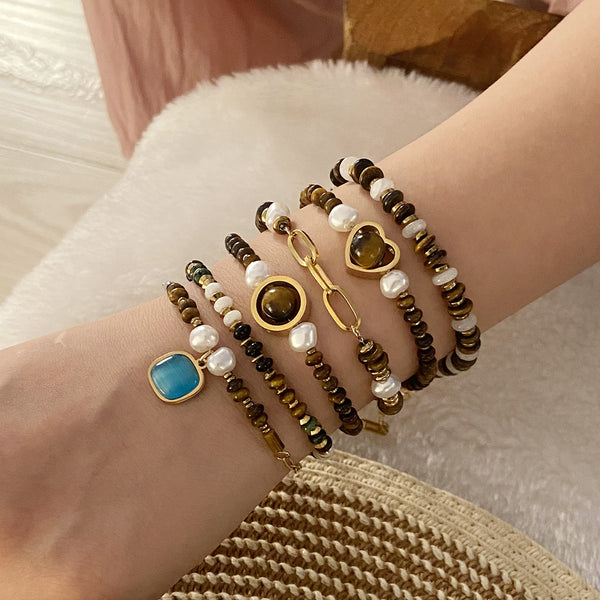 Women Quadrilateral Geometric Heart Tiger Eye Handmade Bracelets