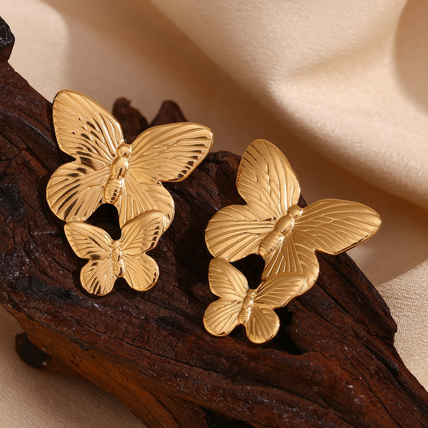 Fashion Butterfly Chinese Zodiac Animal Stainless Steel 18K Gold Plated Stud Earrings