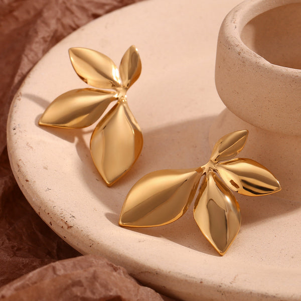 Fashion Leaf Flower Stainless Steel 18K Gold Plated Stud Earrings