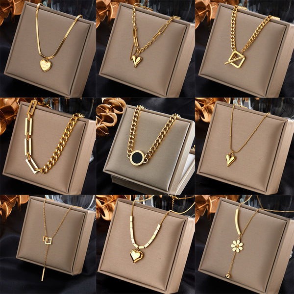 Fashion Square Heart Circle Titanium Steel Electroplating Necklaces