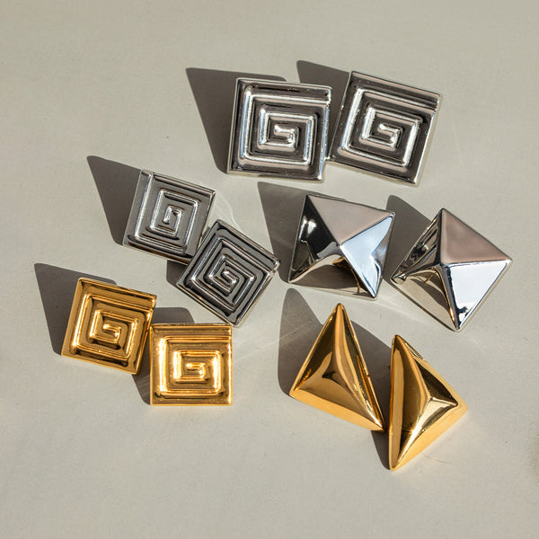 IG Style Checkered Geometric Stainless Steel 18K Gold Plated Earrings