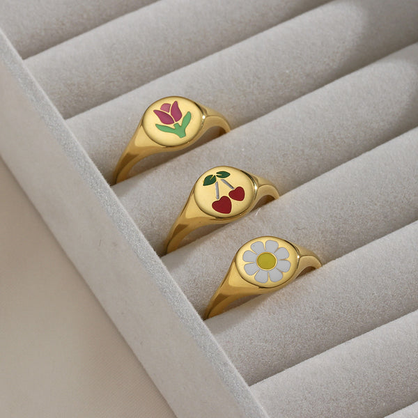 Women Flower Stainless Steel 18K Gold Plated Rings