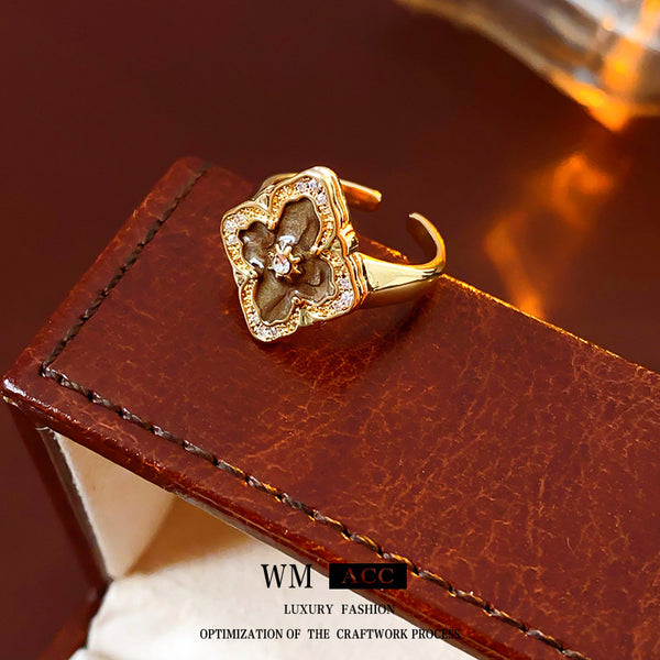 Women Luxurious Flower Rhombus Flower Copper Zircon Inlay Rings