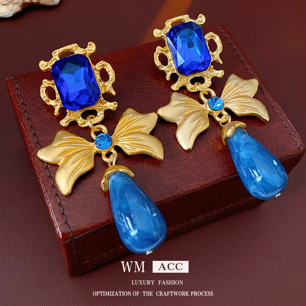 Luxurious Quadrilateral Round Droplet Geometric Bowknot Copper Diamond Inlay Earrings