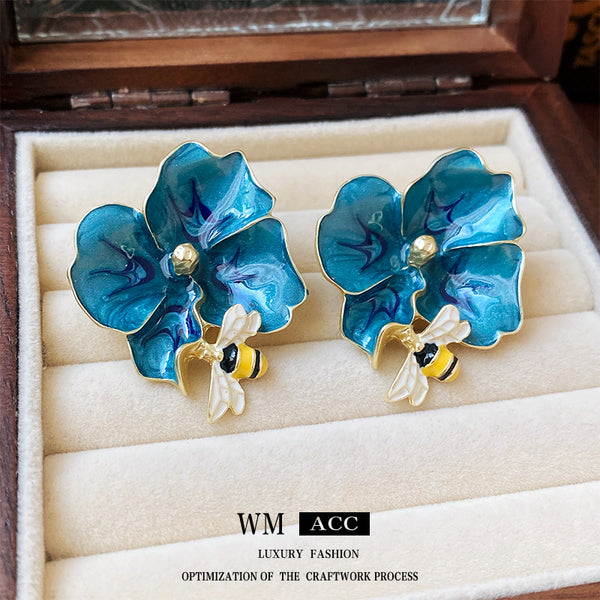 Moderate Luxury Flower Flower Copper Oil Dripping Earrings