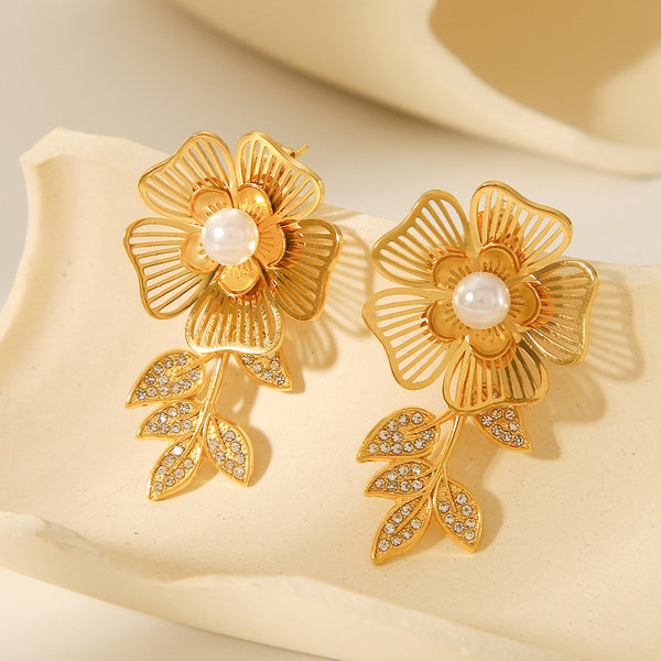 IG Style Pearl Leaf Flower Geometric Stainless Steel Electroplating Earrings