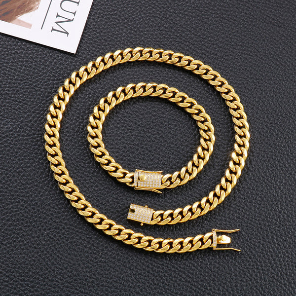 Street fashion men's hip-hop style CNC diamond inlaid necklace 316L stainless steel Cuban chain men's bracelet