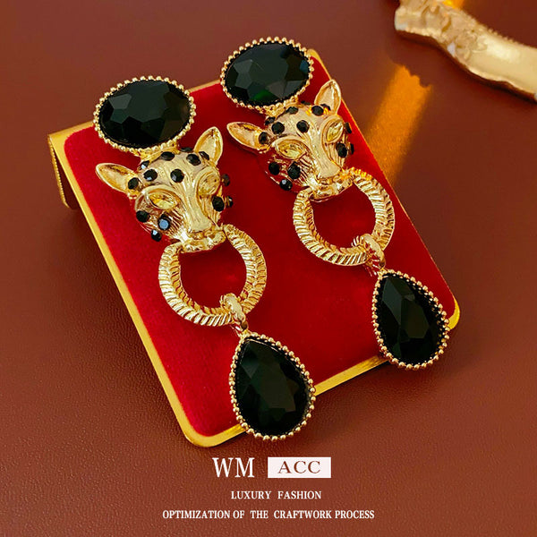 Luxurious Cheetah Droplet Geometric Chinese Zodiac Animal Alloy Diamond Inlay Earrings