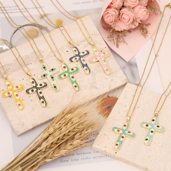 Women Retro Vintage Eye Cross Copper Oil Dripping Pendants