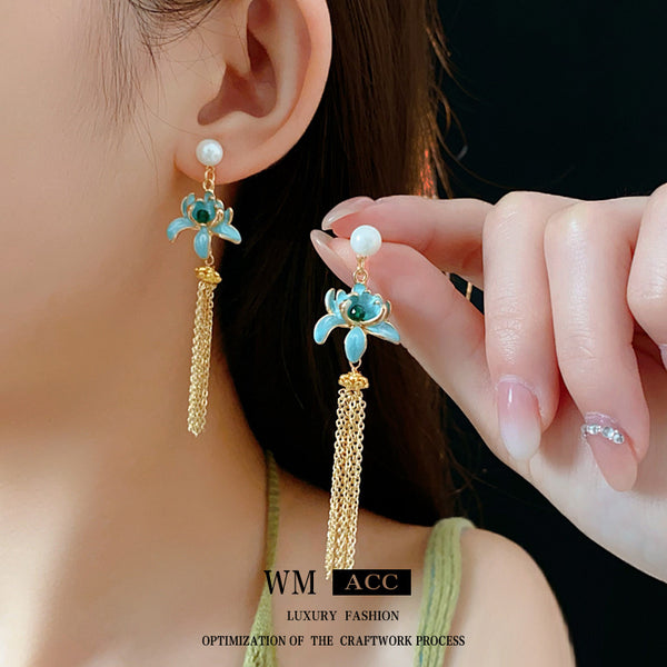 Luxurious Flower Lotus Flower Artificial Pearl Oil Dripping Earrings