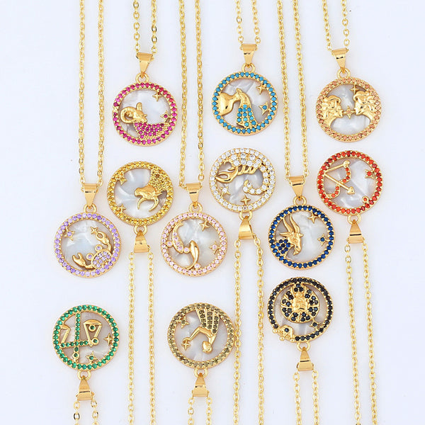 Women Geometric Metal Shell Zodiac Sign Copper Necklaces