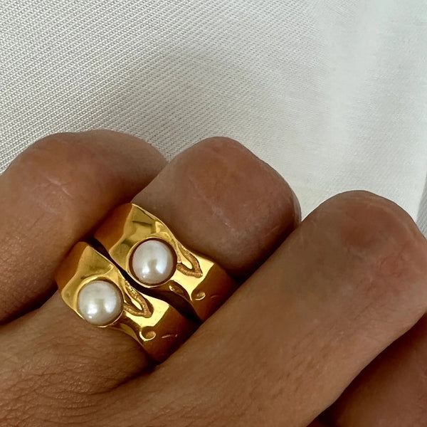 Women IG Style Pearl Geometric Stainless Steel 18K Gold Plated Rings