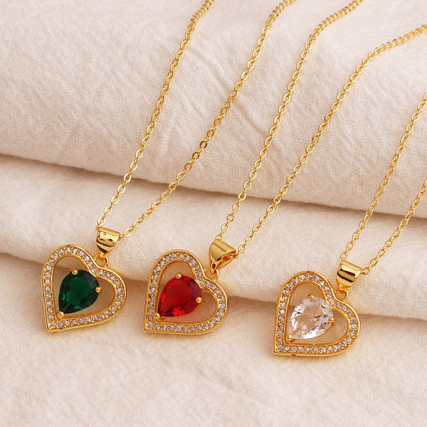 Women Heart Heart Zircon Diamond Inlay Necklaces