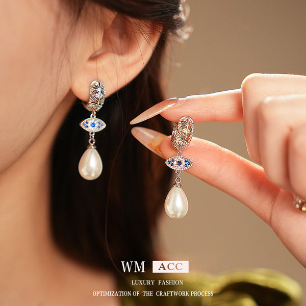 Luxurious Round Droplet Geometric Artificial Pearl Zircon Inlay Earrings