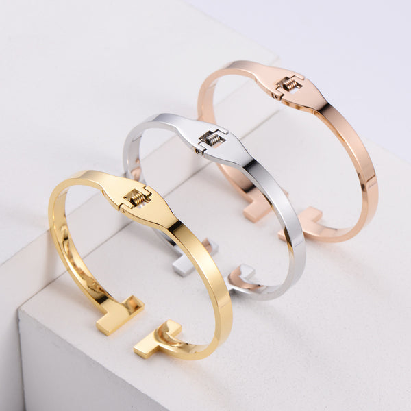 Retro Vintage Women Metal Letter Geometric Stainless Steel Bangles