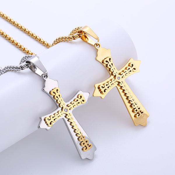 Minimalist Cross Stainless Steel Diamond Inlay Pendants