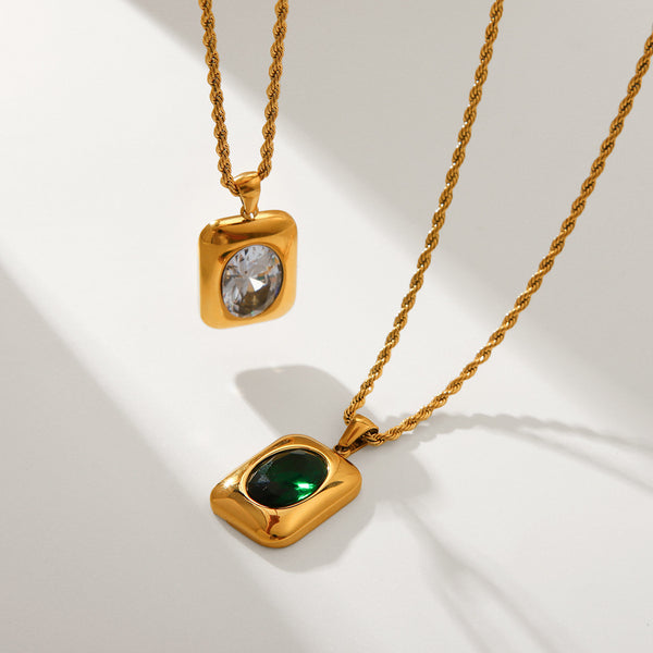 IG Style Square Chain Geometric Stainless Steel Gem Inlay Necklaces