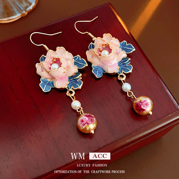 Luxurious Flower Geometric Flower Artificial Pearl Oil Dripping Earrings