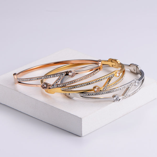 Fashion Women Metal Diamond Heart Stainless Steel Bangles