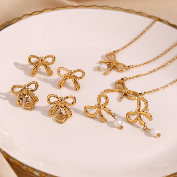 Fashion Bowknot Geometric Heart Stainless Steel 18K Gold Plated Necklaces