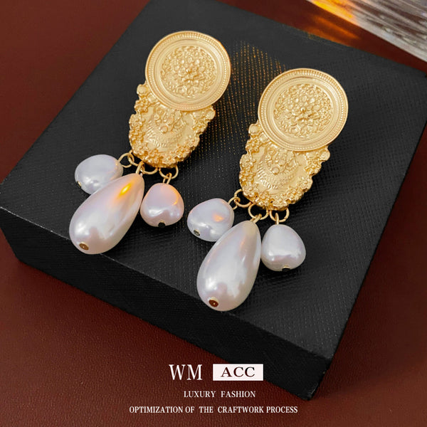 Medieval Round Ellipse Geometric Flower Artificial Pearl Electroplating Earrings