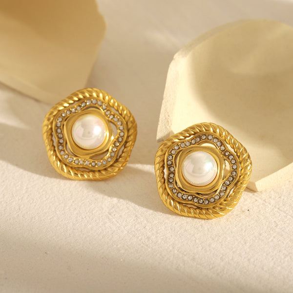 IG Style Pearl Flower Geometric Stainless Steel Electroplating Earrings