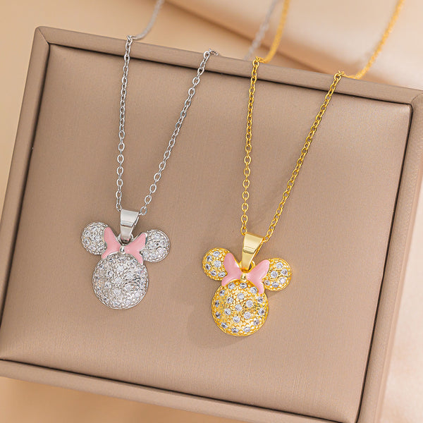 Fashion Bowknot Titanium Steel Diamond Inlay Necklaces