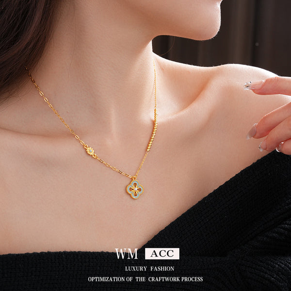 Medieval Flower Rhombus Geometric Flower Artificial Pearl Oil Dripping Necklaces