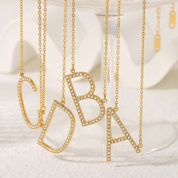 IG Style Letter Geometric Stainless Steel Diamond Inlay Necklaces