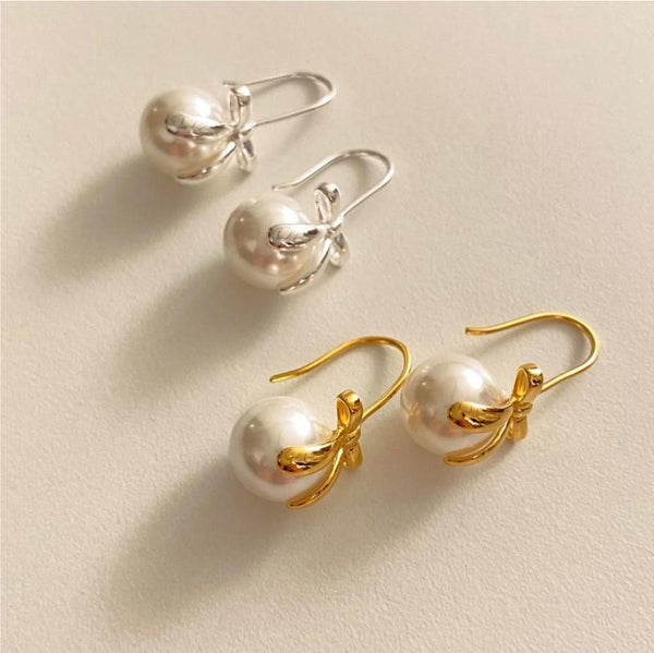 925 Sterling Silver Korean Bowknot Droplet Silver Pearl Inlay Stud Earrings