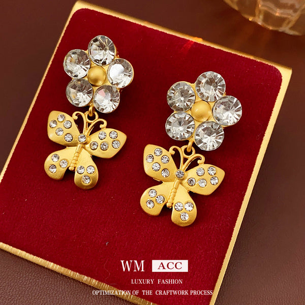 Luxurious Butterfly Flower Chinese Zodiac Animal Alloy Diamond Inlay Earrings