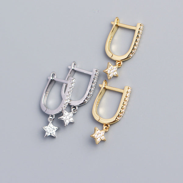 925 Sterling Silver Cute Pentagram U-Shape Silver Earrings