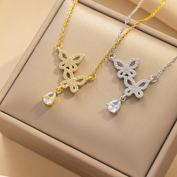 Bowknot Geometric Titanium Steel Diamond Inlay Necklaces