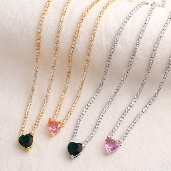 Women Heart Copper Diamond Inlay Necklaces