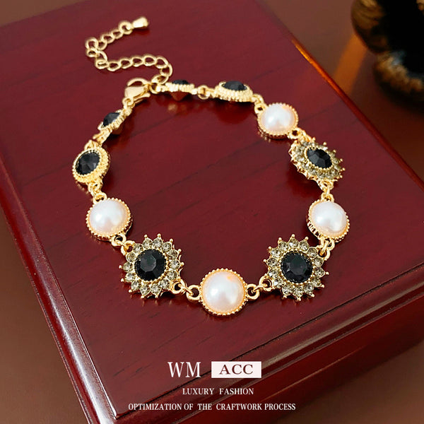 Women Luxurious Round Geometric Artificial Pearl Diamond Inlay Bracelets