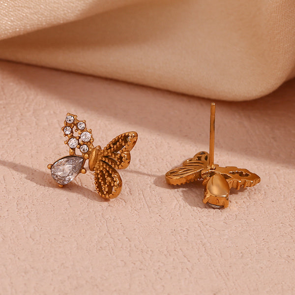 Fashion Butterfly Chinese Zodiac Animal Stainless Steel 18K Gold Plated Stud Earrings