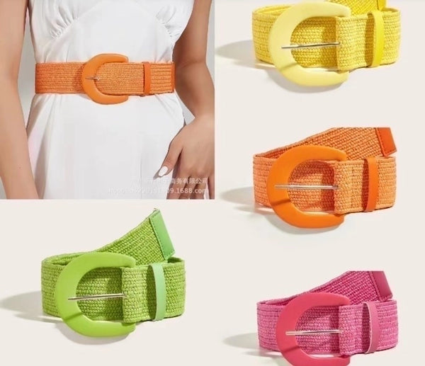 Original Design Solid Color Pp Grass Pu Leather Women's Woven Belts