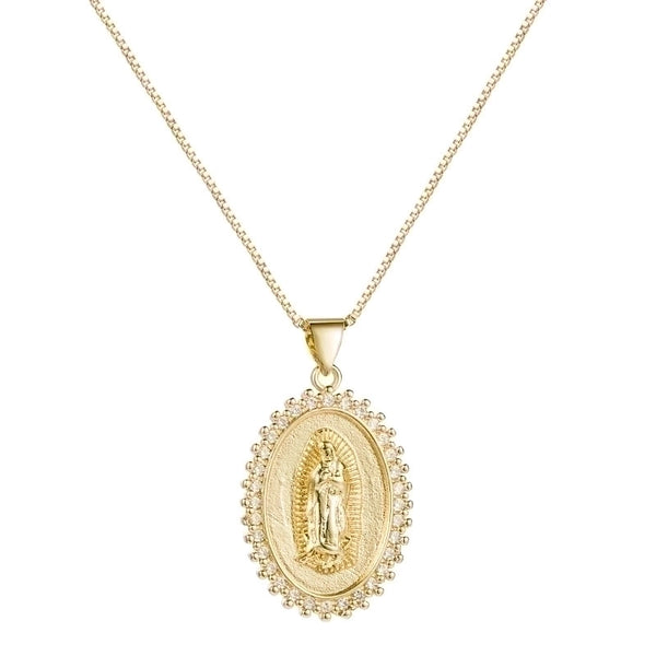 Oval Virgin Mary Statue Pendant Copper Necklace