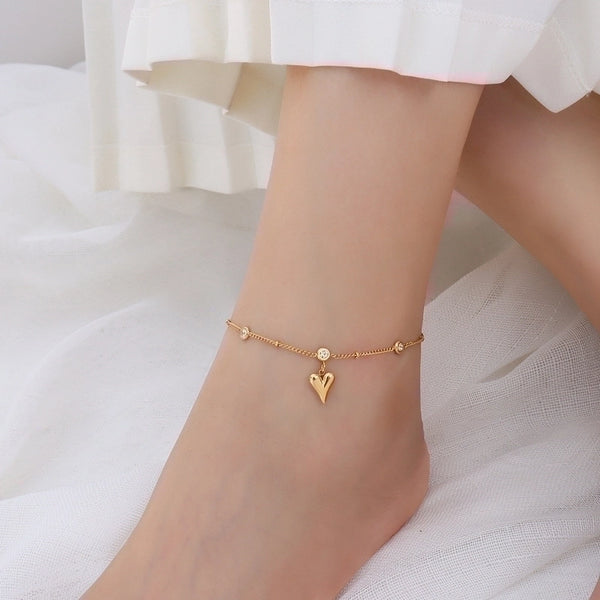 Peach Heart Titanium Steel Plated 18k Gold Zircon Anklet Wholesale Jewelry