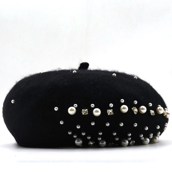 Pearl Rhinestone Wool Knitted Beret