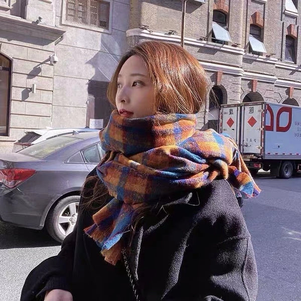 Plaid Scarf Women's Autumn And Winter Korean Style Long Student Couple Shawl Warm Cute Internet Celebrity Thick Scarf