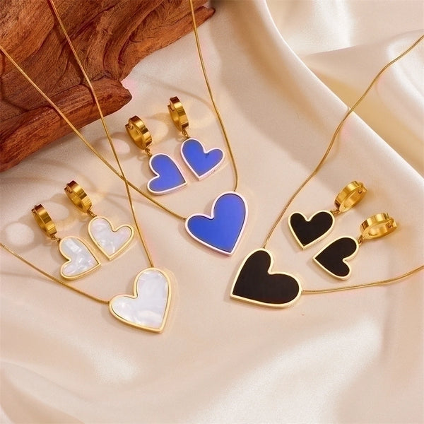 Princess Cute Minimalist Heart Shape Stainless Steel Plating Inlay Shell 18k Gold Plated Earrings Necklace