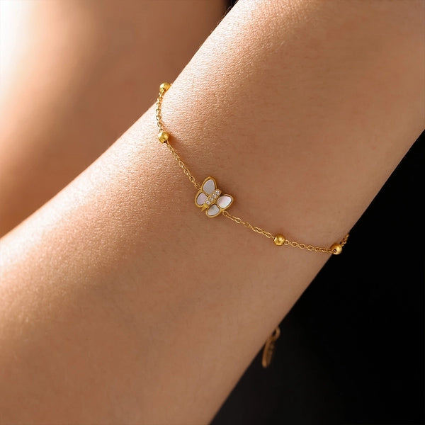 Princess Preppy Style Sweet Butterfly Titanium Steel 18K Gold Plated Shell Zircon Bracelets In Bulk