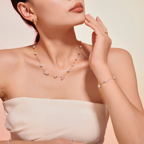 Princess Preppy Style Sweet Geometric 304 Stainless Steel Natural Stone 18K Gold Plated Imitation Pearl Natural Stone Jewelry Set In Bulk