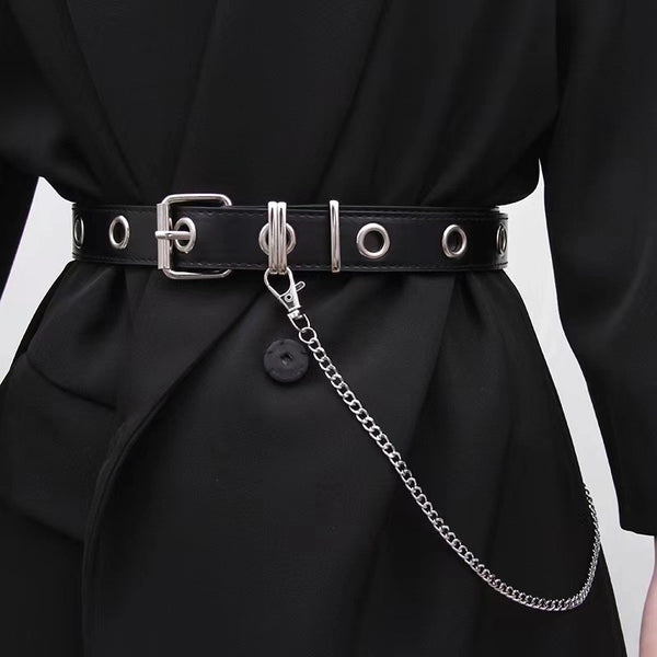 Punk Square Pu Leather Alloy Metal Button Chain Belt